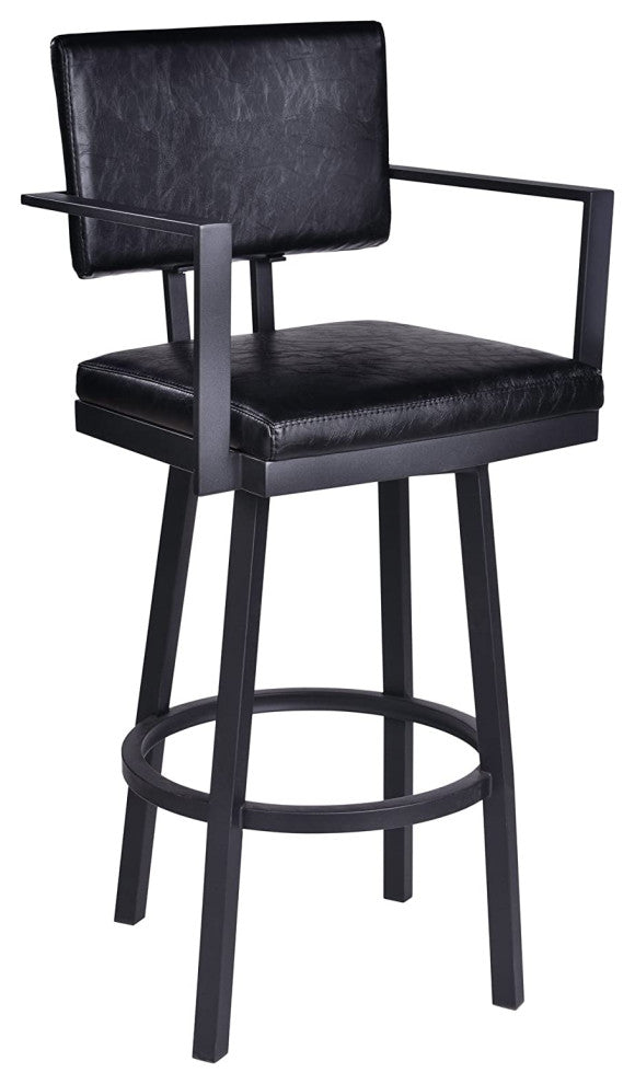 Modern Bar Stool, Swiveling Design With Vintage Black Faux Leather Seat & Back