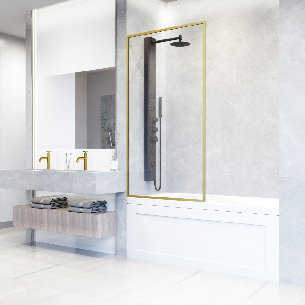 VIGO Meridian Framed Fixed, Matte Brushed Gold, Tub Screen, 34" W X 62" H, Clear Glass