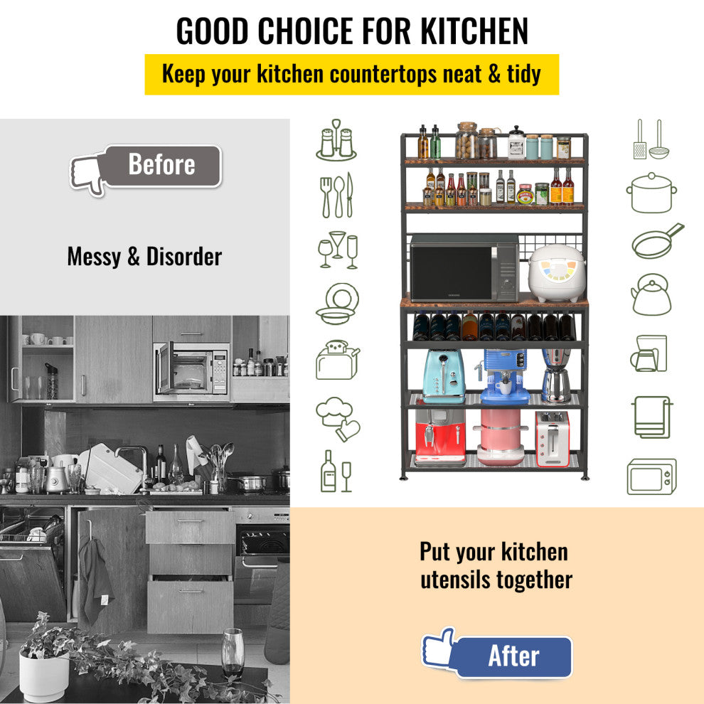 VEVOR Kitchen Bakers Rack with Cabinet 6-Tier Storage Shelf Rack 11 Hooks 65"H