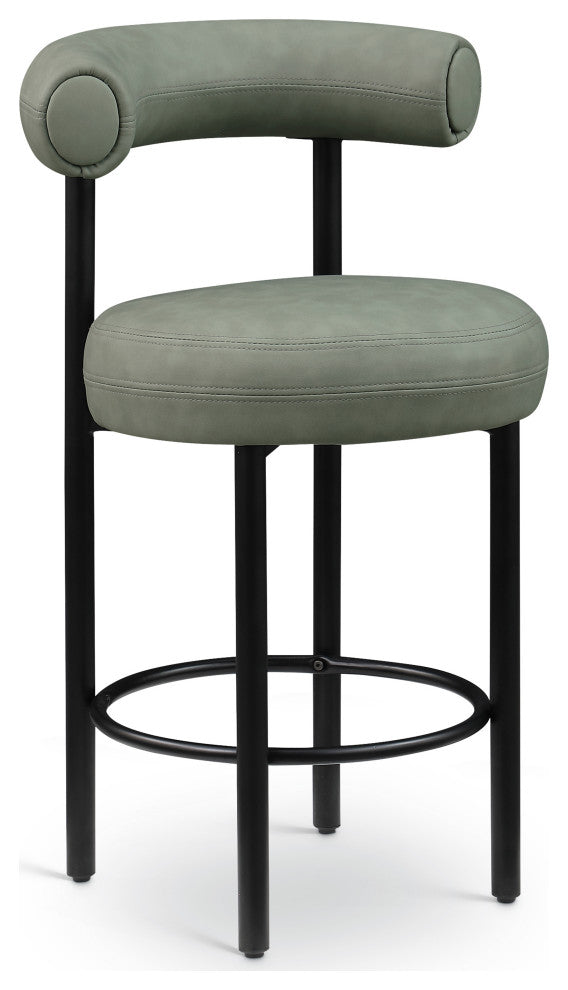 Bordeaux Upholstered Stool, Green, Vegan Leather, Matte Black, Set of 2