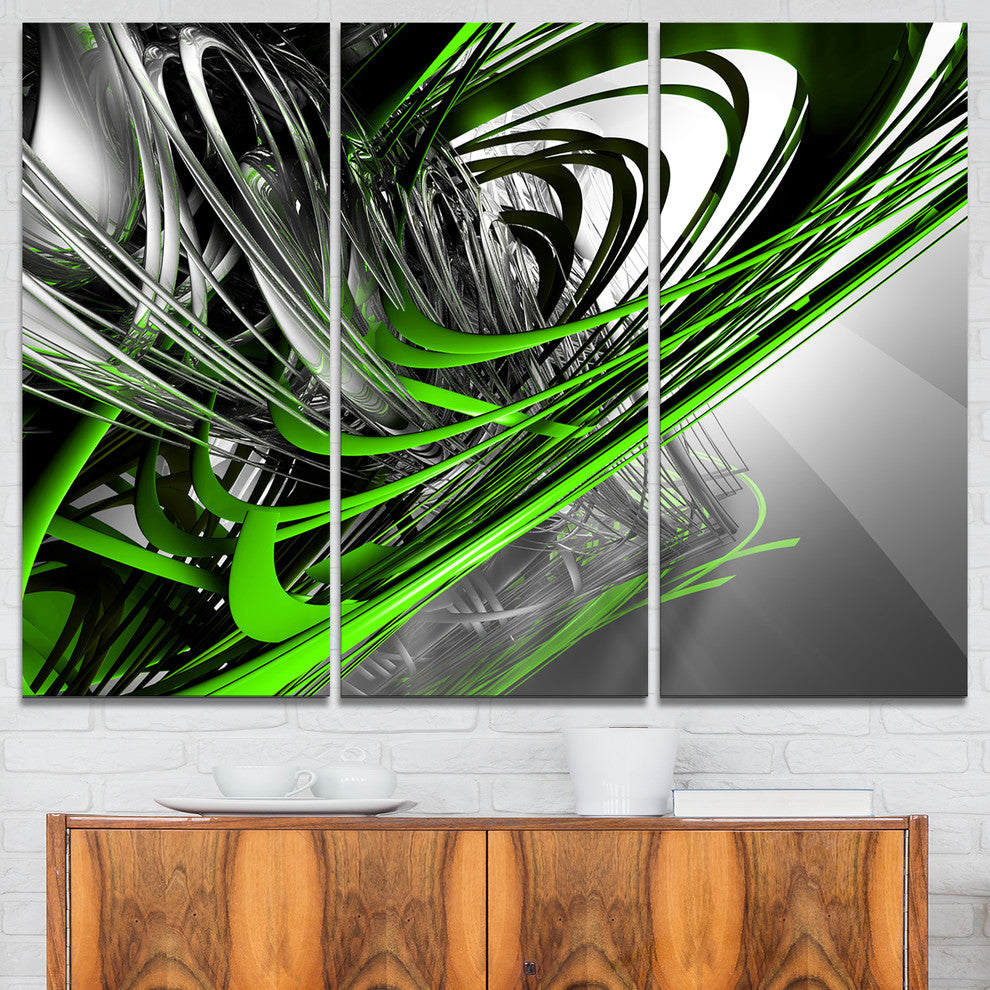 "Fractal 3-D Green Silver Stripes" Art Canvas Print, 3 Panels, 36"x28"