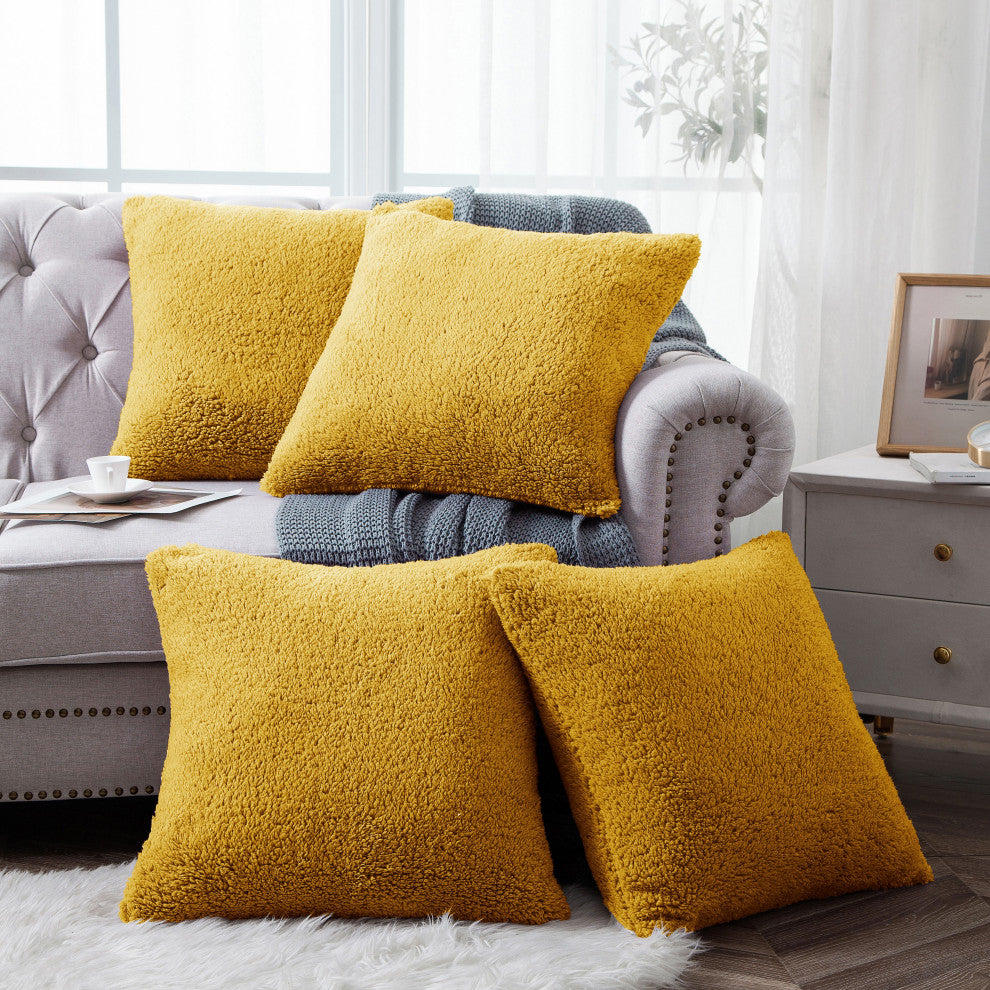 Sherpa Pillow Shell 4 Piece Set, Lemon Curry, 20" X 20"