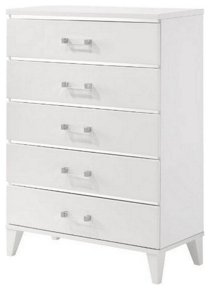 Benzara BM279719 Modern Tall Dresser Chest, 5 Drawers, Bar Handles, Wood, White