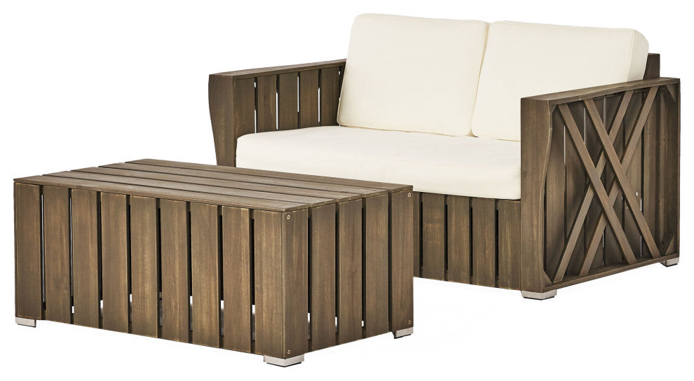 GDF Studio Edward Outdoor Acacia Wood Loveseat and Coffee Table Set, Gray/Gray