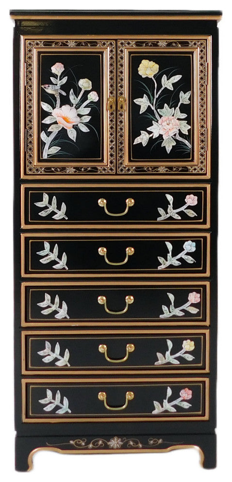 Black Lacquer Lingerie Cabinet With Bird and Flower Mother of Pearl Design, 24"