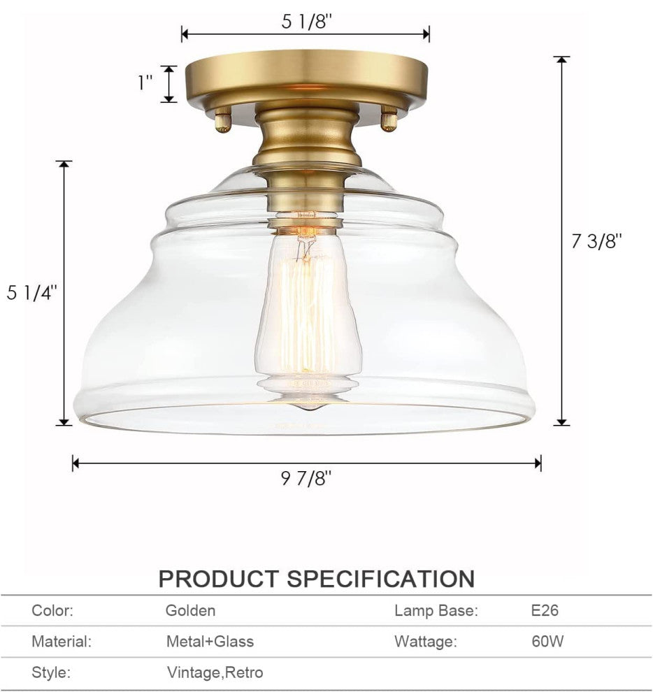 Farmhouse Glass Semi Flush Mount Ceiling Light, Industrial