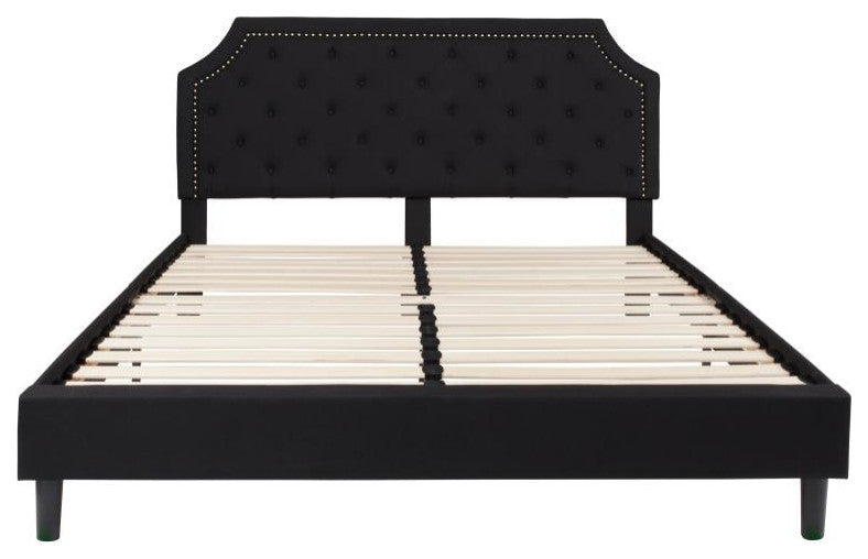 Roxbury Upholstered Platform Bed -10 Inch Foam & Pocket Spring Mattress, Black With Nail Trim, King