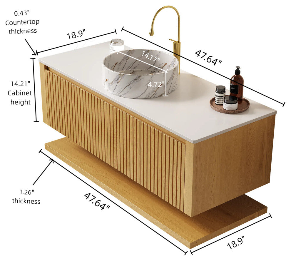 Wall-Mounted Plywood Bathroom Vanity With Sink, With Round Vessel
