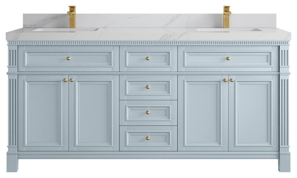 Paris 72" Double Sink Bathroom Vanity, Blue Heather 2" Calacatta Sienna
