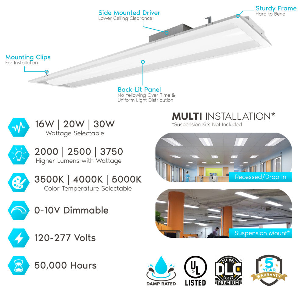 1x4 FT LED Troffer Panel 3 Color Options Dimmable Damp Rated 2 Pack