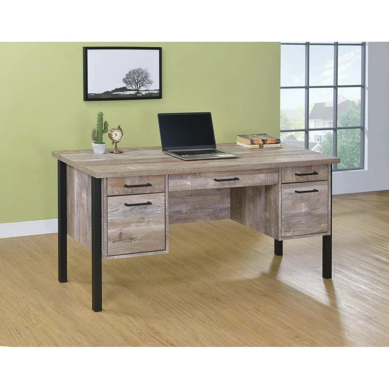 Rustic Desk, Spacious Rectangular Top With 4 Drawers & Cabinet, Weathered Oak