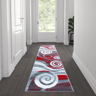 Cirrus Collection Swirl Patterned Olefin Area Rug with Jute Backing, Red, 2' X 7'