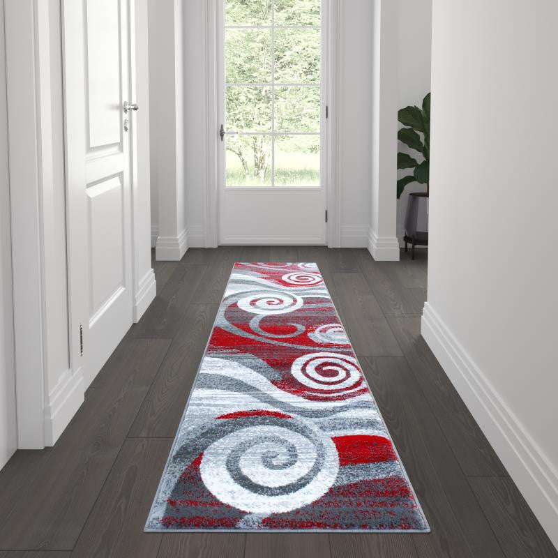Cirrus Collection Swirl Patterned Olefin Area Rug with Jute Backing, Red, 2' X 7'