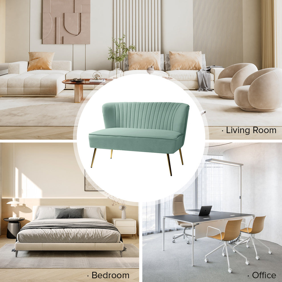Velvet Tufted Loveseat Sofa With Golden Base, Sage