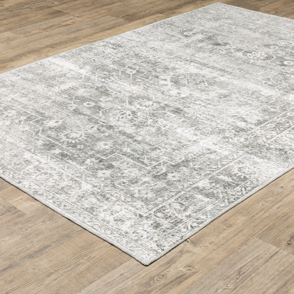 Michaela Machine Washable Distressed Grey/ Ivory Area Rug, Grey, 7'6"x10'