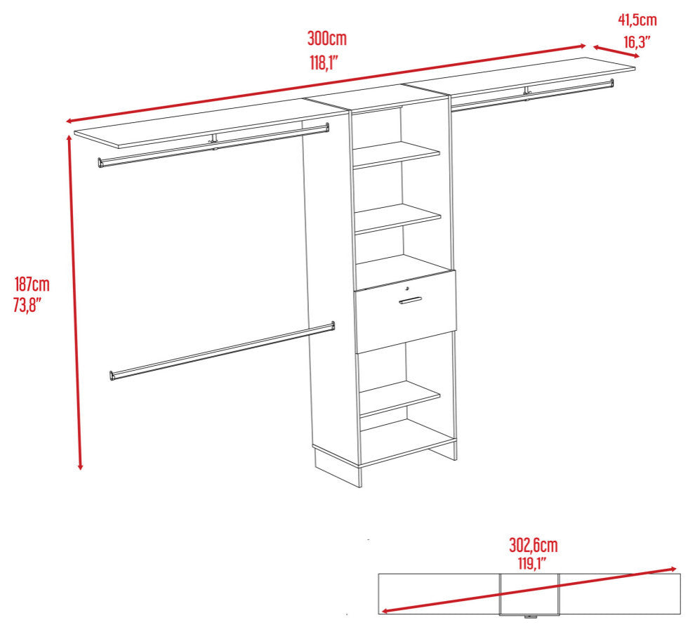 Broncos Closet with 3 Rods, 5 Shelves, and Drawer, Dark Walnut