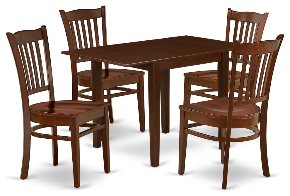 5Pc Dining Set, Small Table, 4 Chair, Rubberwood Seat, Slat Back, Mahogany