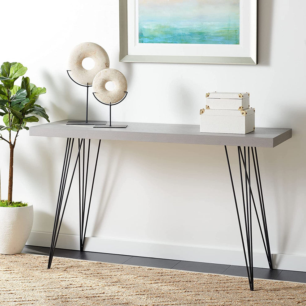 Contemporary Console Table, Sleek Black Legs With Rectangular Wooden Top, Grey