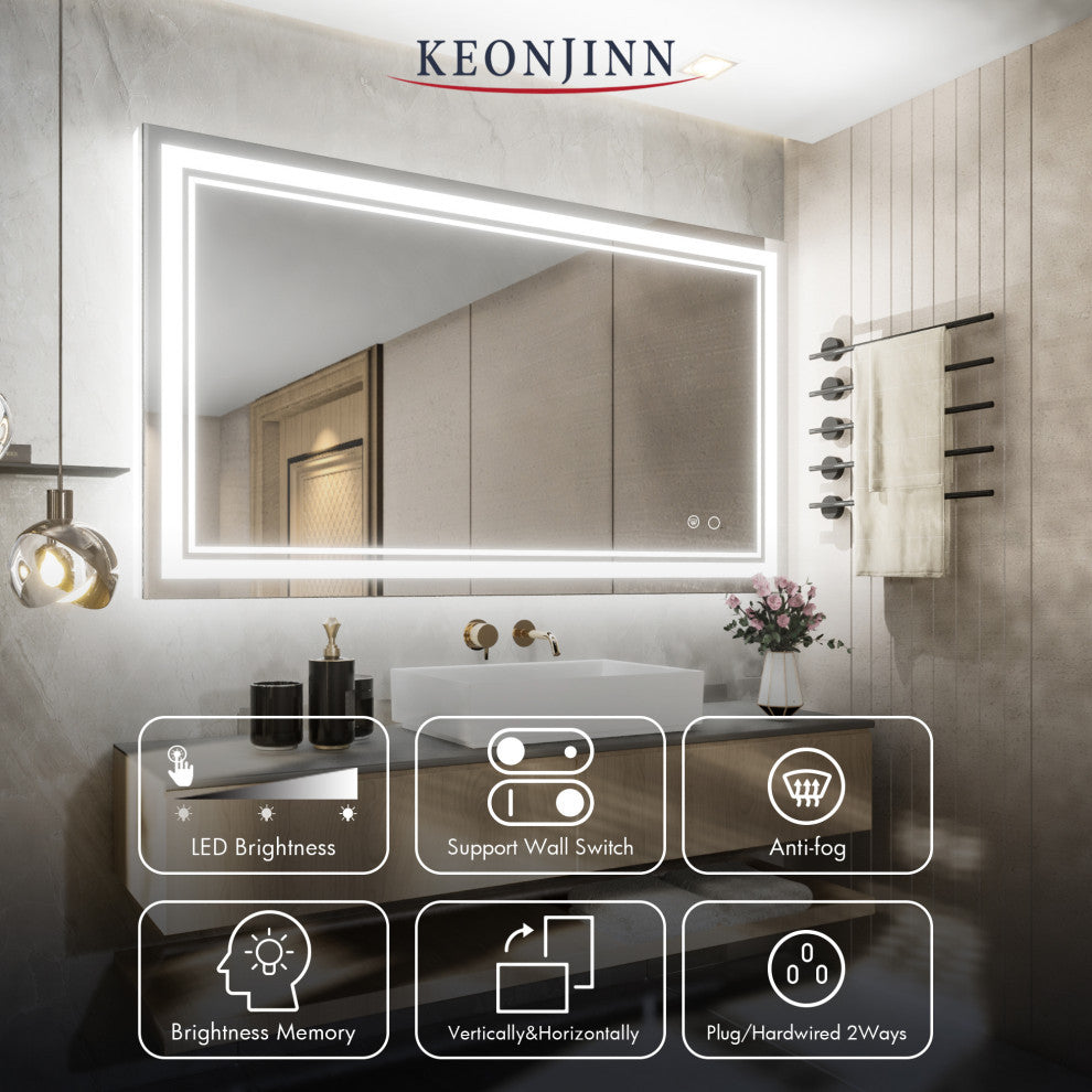 3-Colors LED Bathroom Mirror, Anti-Fog Memory Dimmable, Sliver, 40"x24"