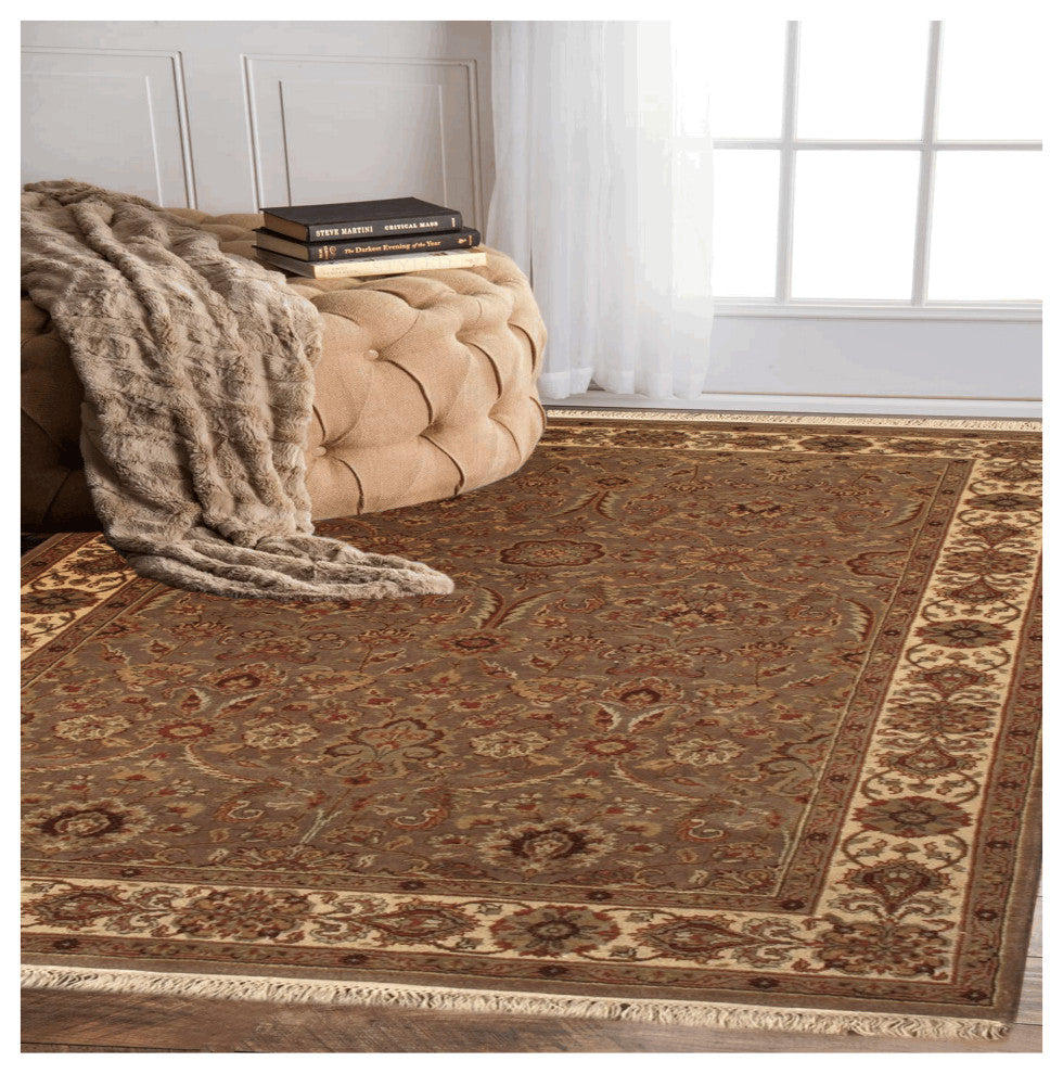 Agra Lucia Traditional Brown Floral Hand Knotted Wool Rug, 9'x12'