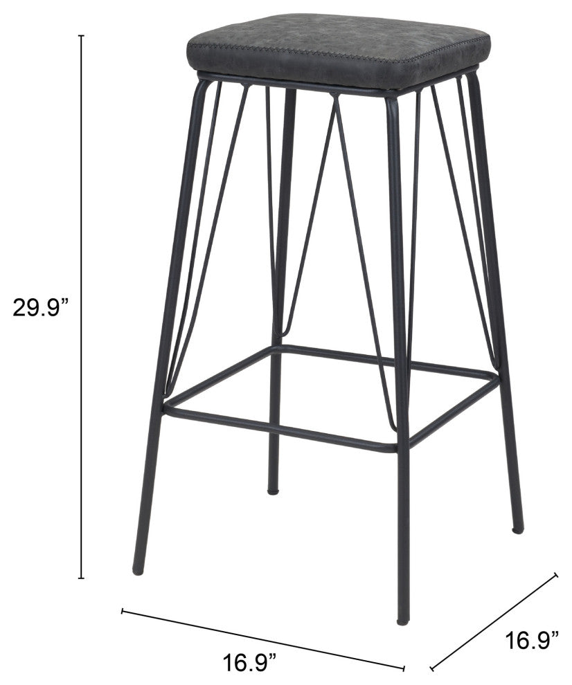 Counter Stool Chair, Set of 2, Faux Vinyl Leather, Steel, Vintage Black, Cafe
