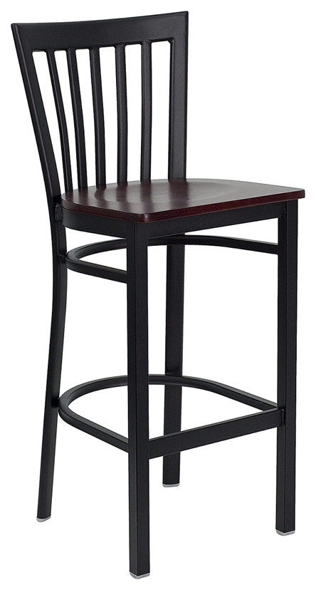 Black School House Back Metal Restaurant Barstool, Mahogany Wood Seat
