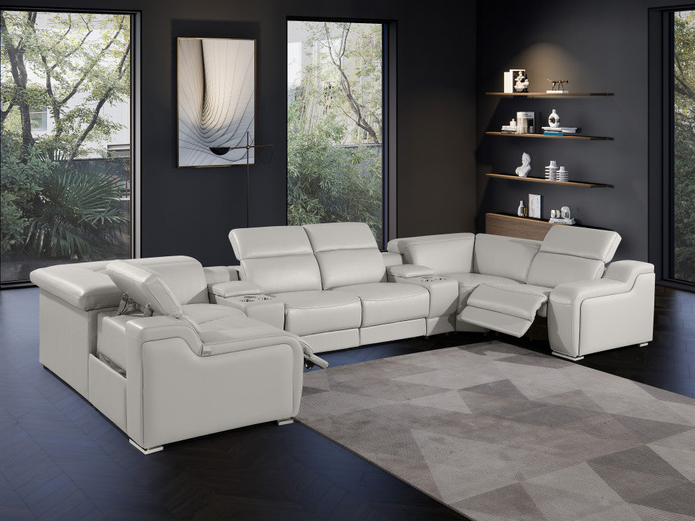 Marco-8-Piece 2-Power Reclining Italian Leather Sectional, Light Gray