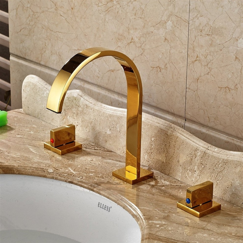 Chile Gold Long Neck Dual Handle Deck Mount Bathroom Sink Faucet