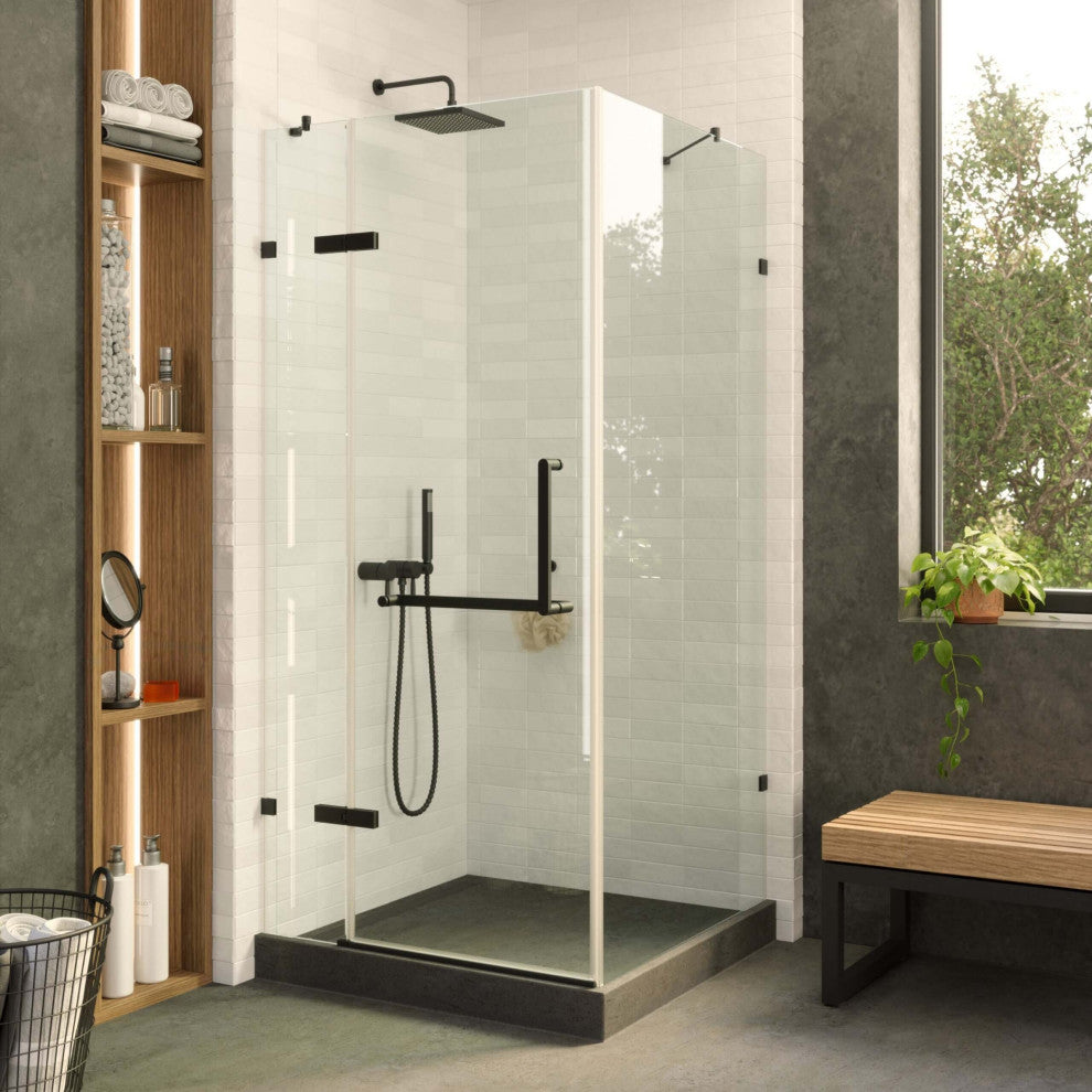 Shower Enclosure Hinged Frameless Tempered Glass, Black, 36"