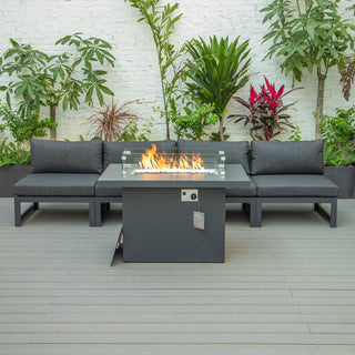 LeisureMod Chelsea 5-Piece Armless Patio Sectional and Fire Pit Set, Black