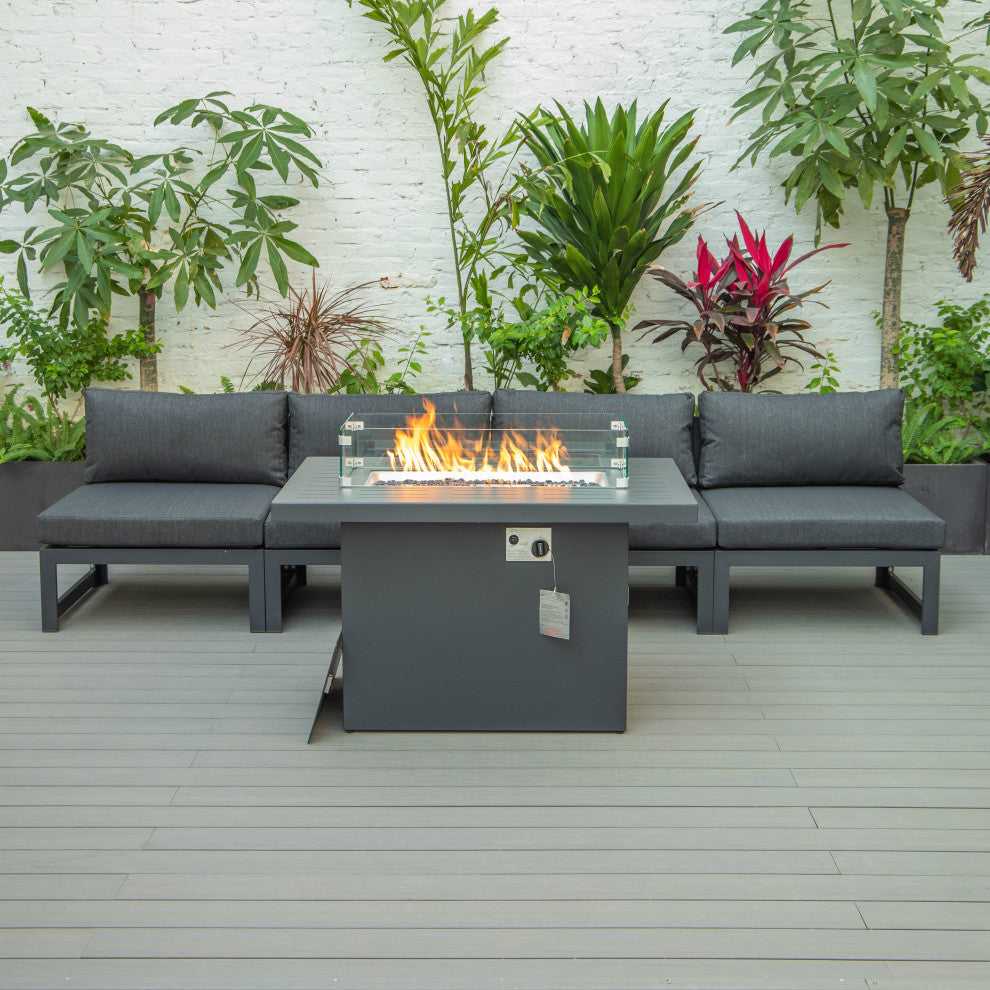 LeisureMod Chelsea 5-Piece Armless Patio Sectional and Fire Pit Set, Black