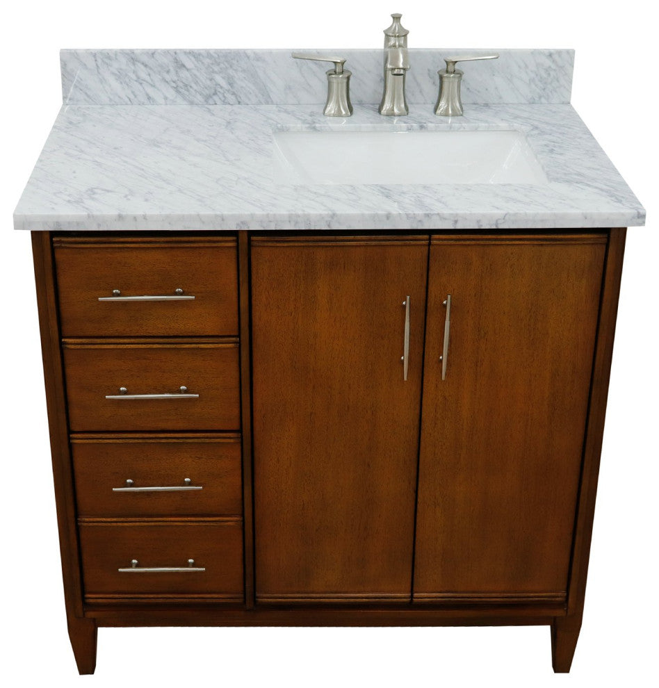 37" Single Vanity, Walnut Finish With White Carrara