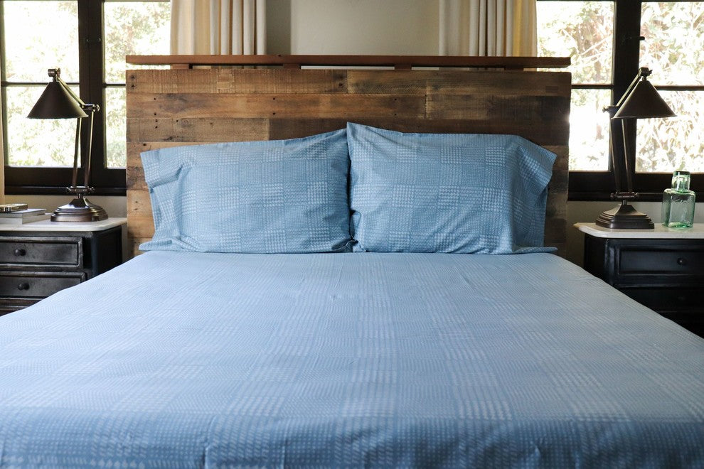 Modern Glen Plaid Print Matte Sateen Sheet Set, Whale Blue, King