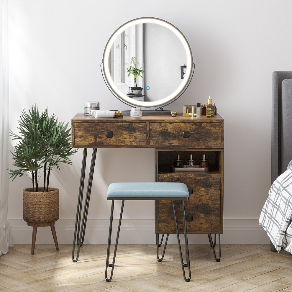 4-Drawer Makeup Vanity Table Set, With Dimmable LED Mirror & Stool, Brown