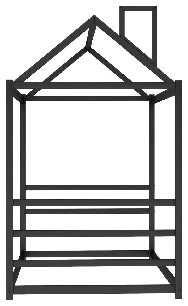 Gewnee House Platform Bed with Roof and Chimney Design,Black