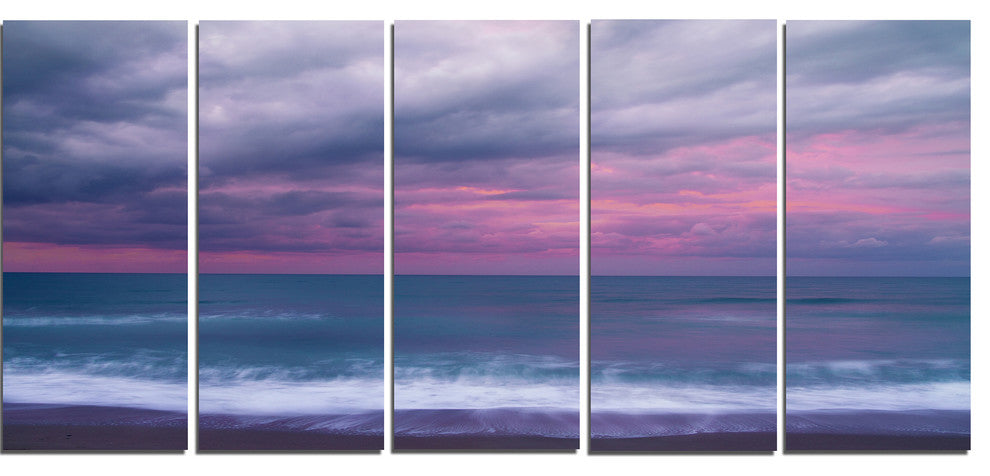 Blue and Pink Unset over Sea, Seashore Canvas Art Print, 60"x28", 5 Panels