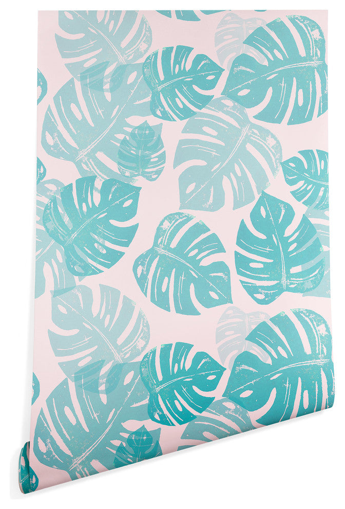 Deny Designs Bianca Green Linocut Monstera Pastel Wallpaper, Green, 2'x4'