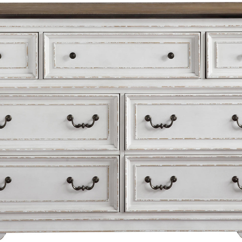 Benzara BM275080 64" Solid Wood Dresser, 7 Drawers, Felt Lined, Antique White