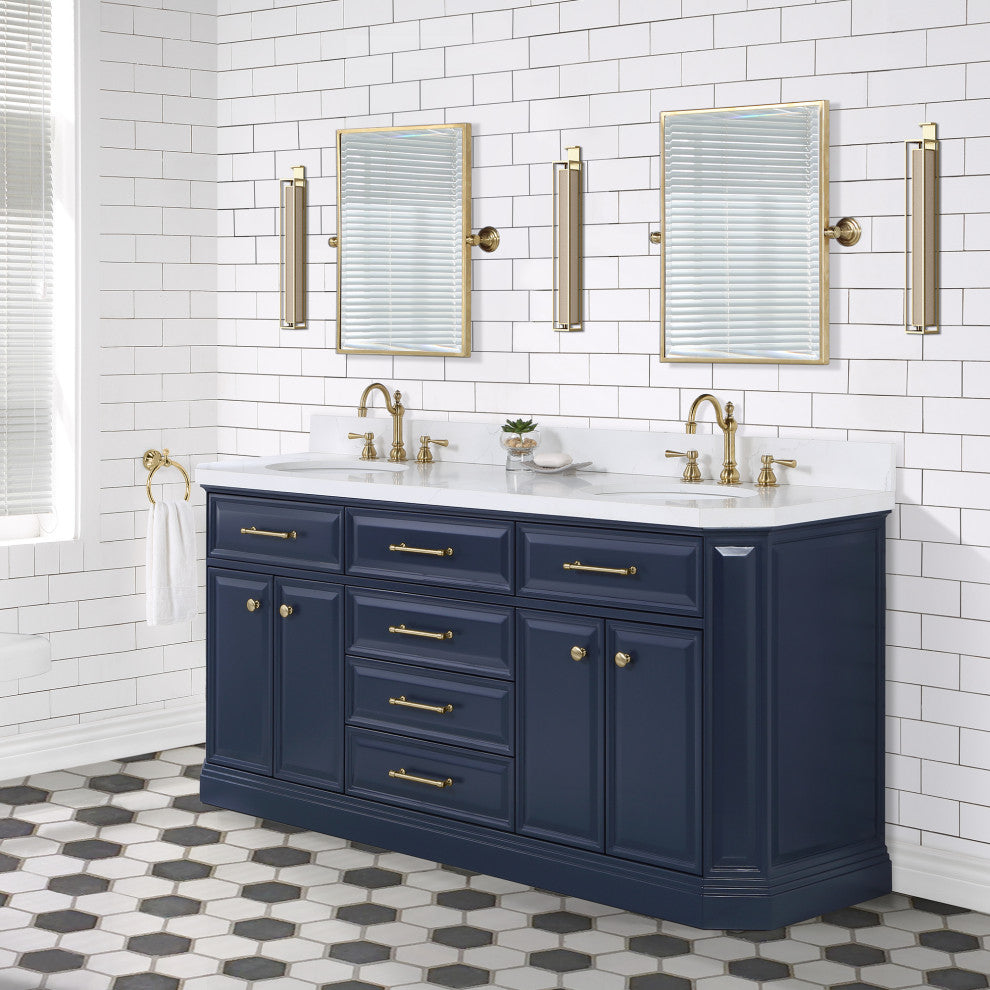 Palace 72 In. Double Sink White Quartz Countertop Vanity with Mirror, Blue