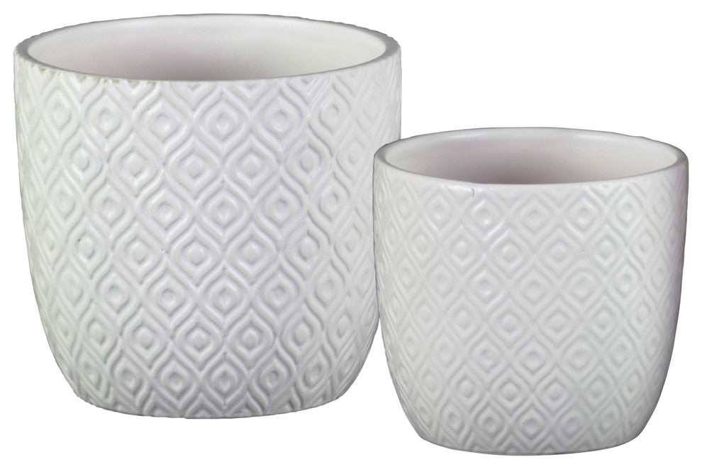 Ceramic Square Pots, Embossed Diamond Design Body, 2-Piece Set, White