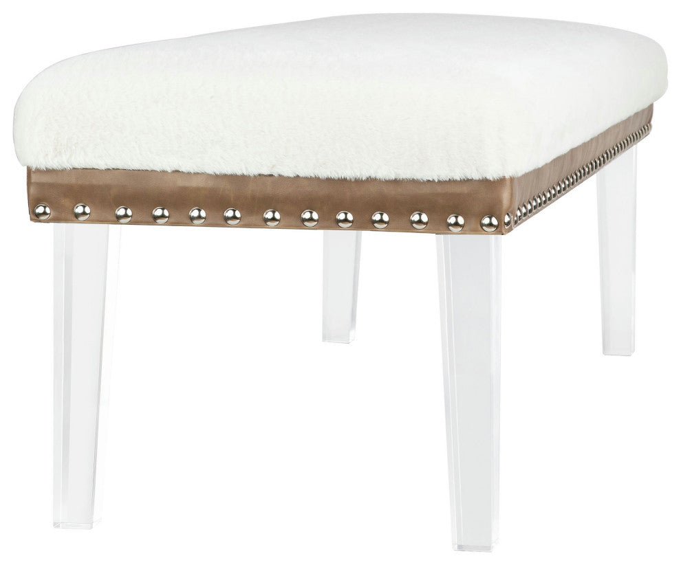 Brianna Modern Luxury Faux Fur Upholstered Bench with Clear Legs - Snow