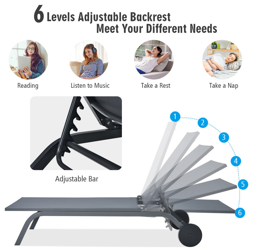 Goplus Outdoor Lounge Chair Chaise Reclining Aluminum Fabric Adjustable Gray