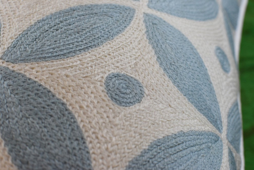 Diamond Circles Baby Blue Decorative Pillow Cover Handembroidered Wool 20x20"