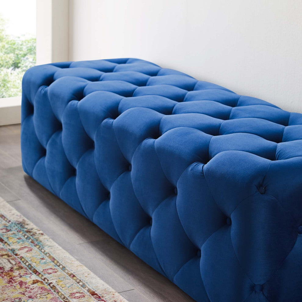 Tufted Accent Chair Bench, Velvet, Blue Navy, Modern, Living Lounge Hospitality
