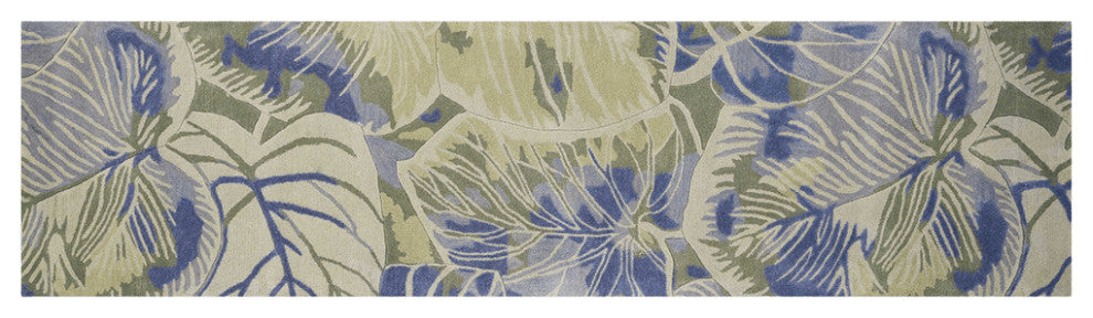 2' X 10' Blue Or Green Oversized Leaves Wool Indoor Runner Rug
