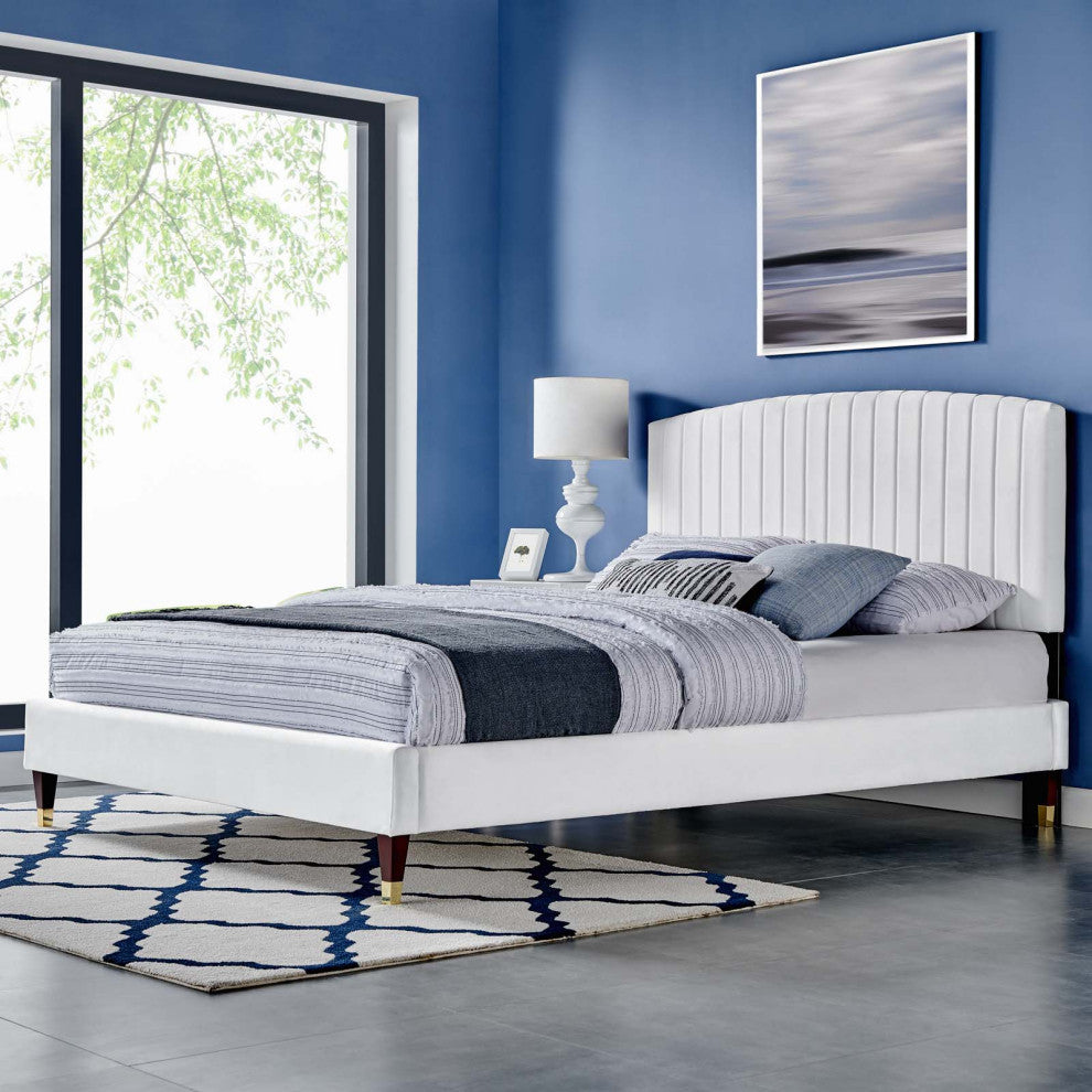 Platform Bed Frame, Queen Size, White, Velvet, Modern, Bedroom Guest Suite