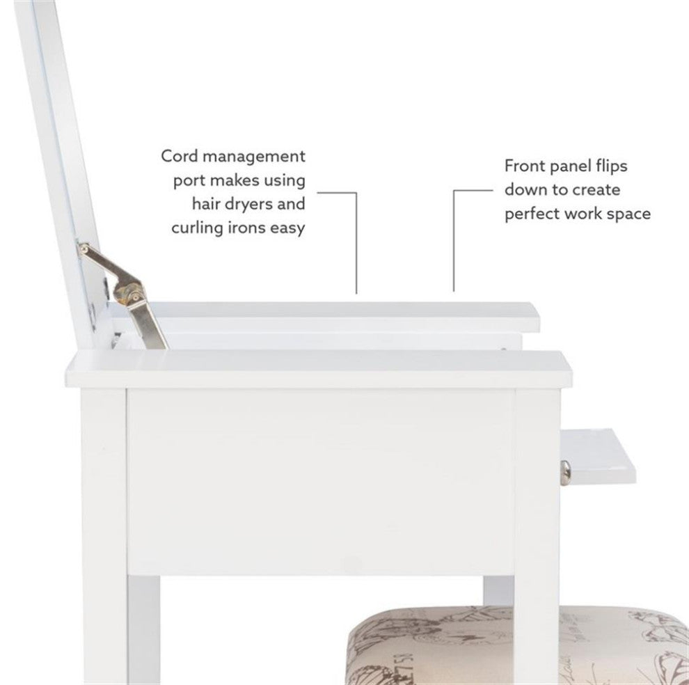 Linon Butterfly Wood Vanity & Padded Seat Stool Flip Up Mirror Storage in White