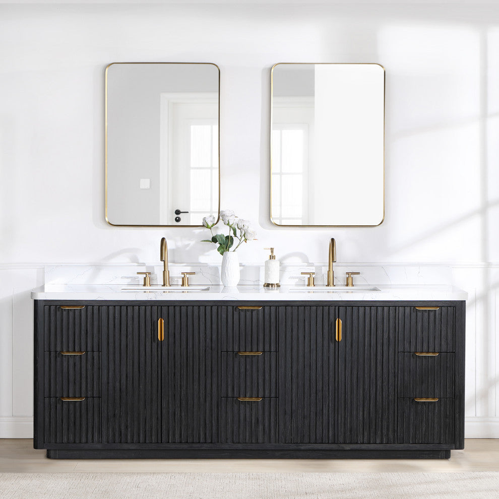 Vinnova Cadiz Bath Vanity, Composite Stone Top, Black, 84", No Mirror