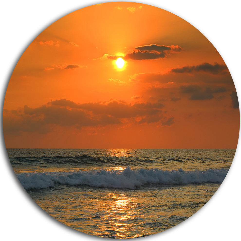 Orange Tinged Tropical Sunset And Waves, Beach Round Wall Art, 38"