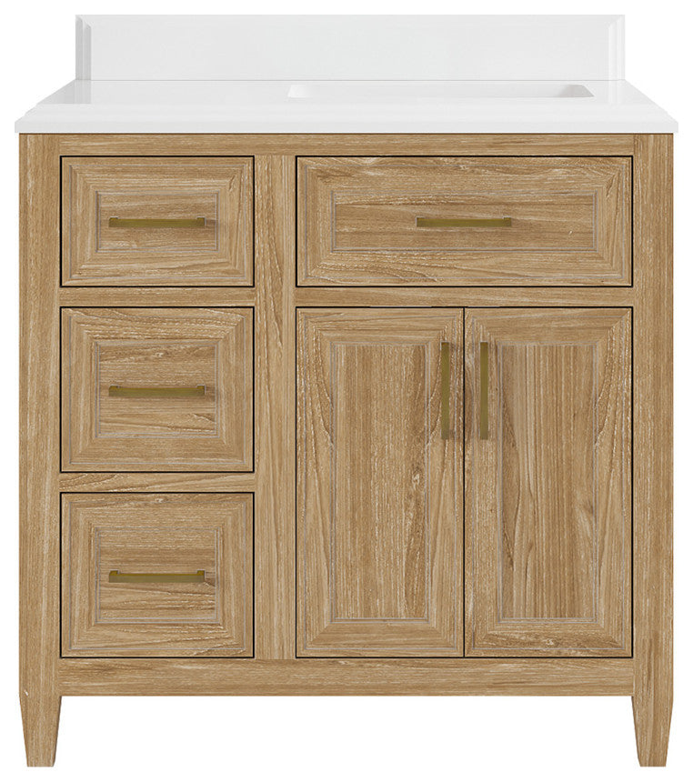 Santa Monica 36 Right Offset  Bath Vanity in Whitewashed Teak 1.5" White Quartz